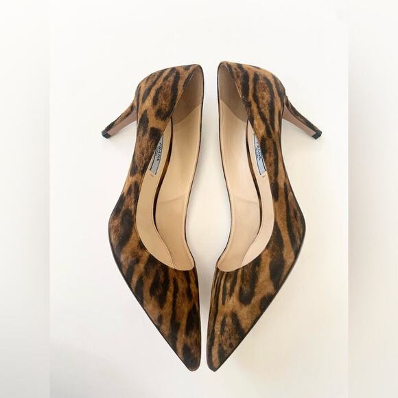 Prada Black Brown leather Calf Hair Leopard Print pointed toe pumps EU 39.5 - Picture 4 of 10